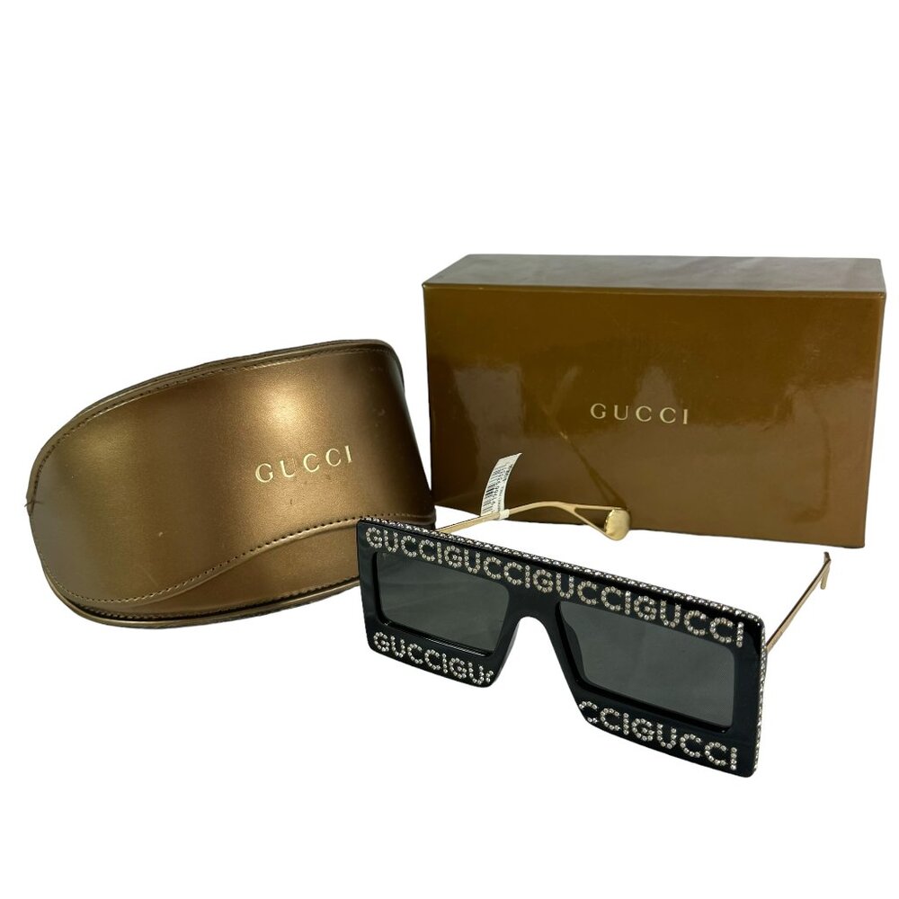 $1305 GUCCI Black Gold Hollywood Forever Crystal GG0431S Women Sunglasses Italy